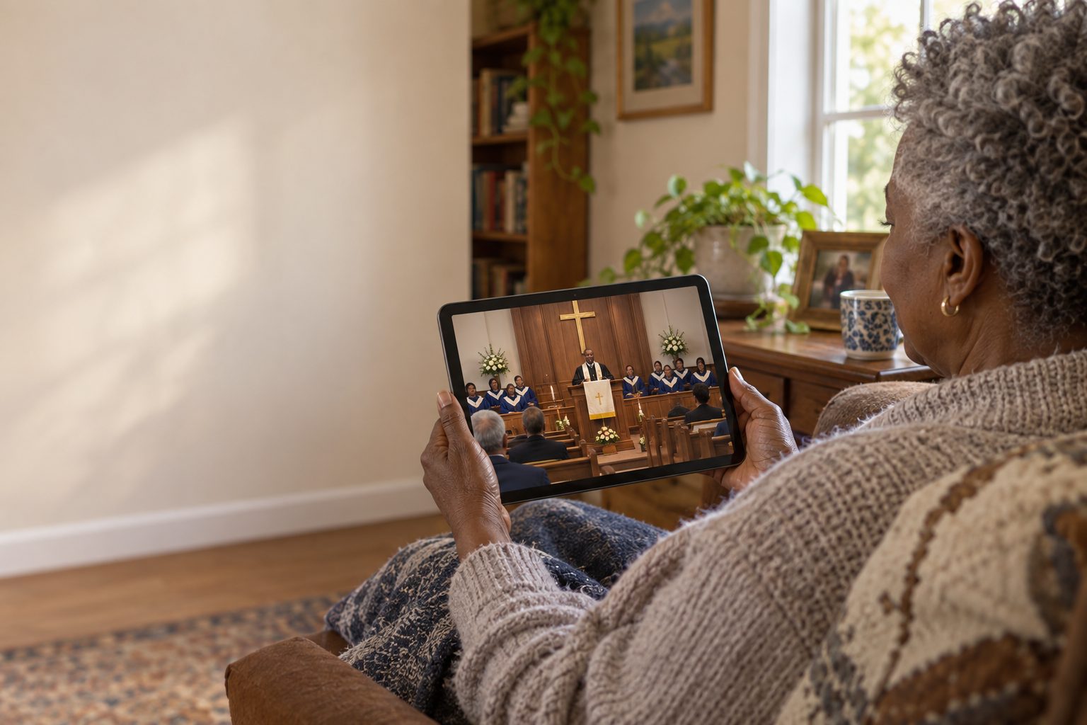 A person at home watching a church service on a tablet.